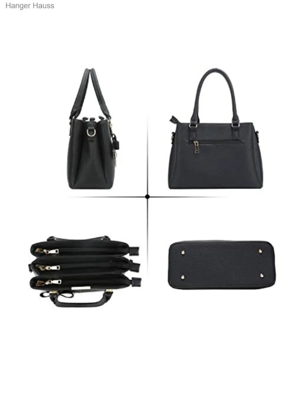 PU Leather Top Handle Satchel Bag with 3 Zippered Compartments, Medium Size,